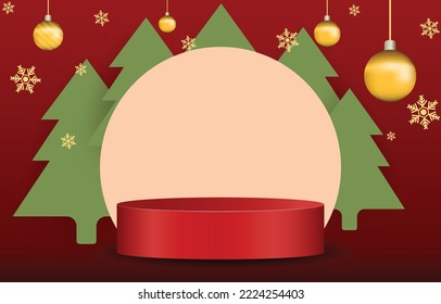 Estadio de Navidad rojo decorado con pinos. Concepto de imagen de fondo de simulación de cilindro vacío. Vector para ventas de diseño y materiales publicitarios de productos.
