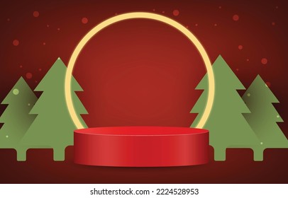 Red Christmas podium decorated with pine trees. Empty cylinder mockup background image concept. Vector for design sales and product advertising materials.