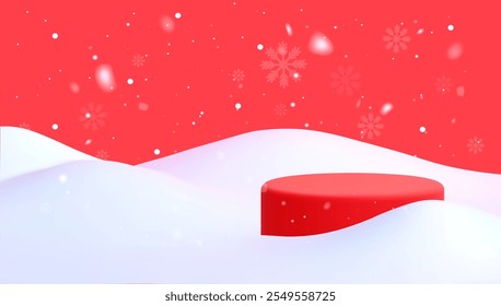 Red Christmas podium with white snow hills on a red background