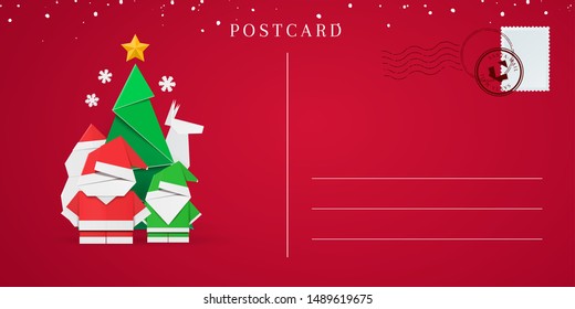 Red Christmas postcard backside with New Year origami decorations