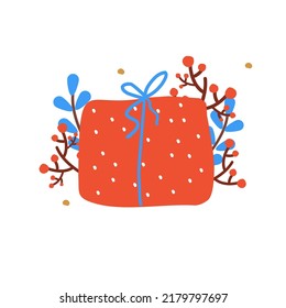 Red Christmas present. New Year red giftbox decorated with spruce, berries, forest branches for winter holidays seasonal celebration design