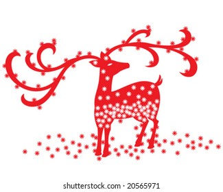 a red Christmas reindeer flooded with snow flakes