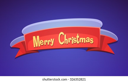 Red Christmas Ribbon Banner Design. Cartoon Vector Illustration.