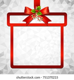 Red Christmas ribbon bow and hanged gift box frame vector with abstract polygonal background