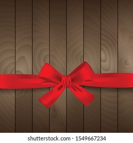 Red christmas ribbon on wooden background Vector.