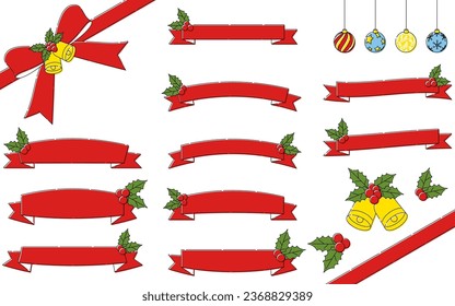 Red Christmas ribbon with simple and cute holly ornaments, Vector Illustration