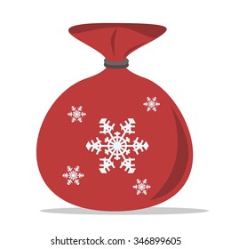 Red Christmas sack of Santa Claus with snowflakes. Drop shadow. Isolated on white. EPS 8 vector illustration, no transparency
