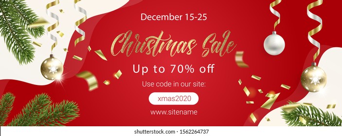 Red Christmas sale banner with Christmas trees for search networks and social networks.