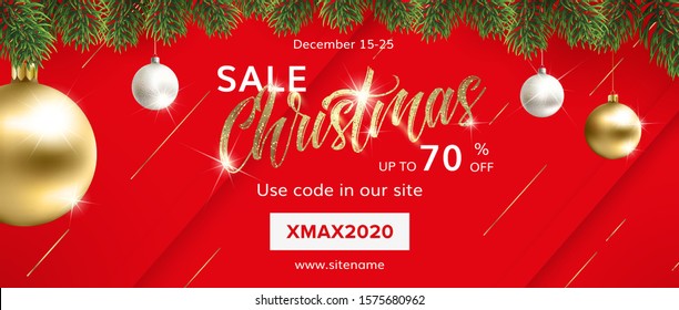 Red Christmas sale banner with Christmas trees for search networks and social networks.