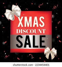 Red Christmas sale banner with white silky bows, confetti and snowflakes on black background