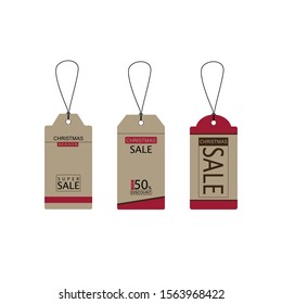 Red Christmas sale paper tags set with different shapes and hand drawn elements in red color hanging with discount text for christmas holiday shopping promotion. Vector illustration.