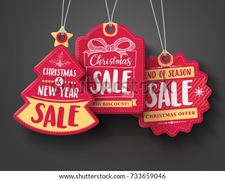 Red Christmas sale paper tags vector set with different shapes and hand drawn elements in red color hanging with discount text for christmas holiday shopping promotion. Vector illustration.
