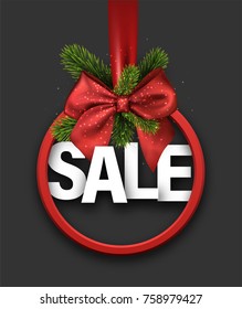 Red Christmas sale sign with fir branches and satin bow. Vector illustration.