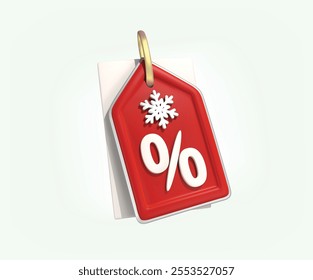 Red christmas sale tag price with percent symbol hanging on rope 3D icon. Coupon for advertising special discounts in store, promotion badge 3D vector illustration on white background. 