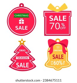 Red Christmas sale tags vector set with different shapes and hanging discount text for Christmas seasonal promotions.Vector illustration.