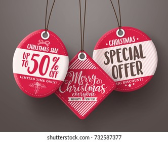 Red christmas sale tags vector set hanging with different sale and discount text for christmas holiday marketing promotions. Vector illustration.
