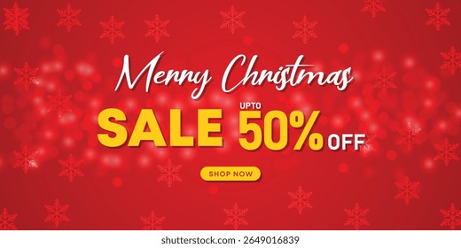 Red Christmas sale template with glowing snowflakes and bold typography for holiday promotion