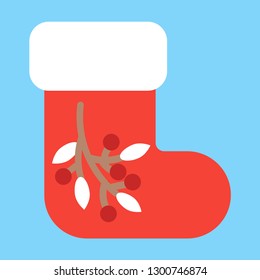 Red christmas santa boot or christmas sock icon sign flat style design vector illustration isolated on light blue background