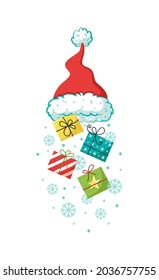 Red christmas santa hat with falling gift boxes. Pile of winter holidays gift boxes with snowflakes flat vector