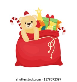 Red christmas Santa's bag with presents. Vector illustration. Cartoon style.
