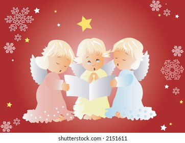 red Christmas scene with cherubs singing carols ,stars and snowflakes