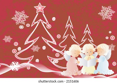  red Christmas scene with three cherubs singing carols ,snow,snowflakes and Christmas trees
