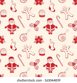Red christmas seamless background with Santa, ball, gingerbread, poinsettia, candy stick, sock and baubles