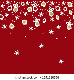 Red Christmas seamless border with jingle bells and falling snowflakes on a top for use as gift bag, wrapping, packaging print.