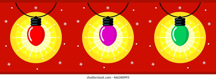 Red christmas seamless border. Lightbulb decorations. Flat winter holiday garland. Vector graphic design element for website header, banner, wallpaper, sign, frame, wrapping ribbon, border.