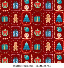 Red Christmas seamless hand-drawn pattern with a gingerbread man, gift box, Christmas tree, baubles, and decorated frames for holiday design. Vector.