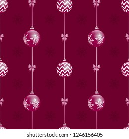 Red Christmas seamless pattern of balls and snowflakes