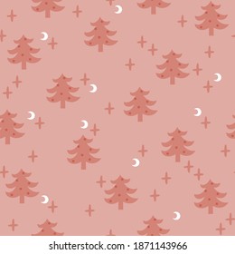 Red Christmas seamless pattern with decorative fir trees and sprinkles of magic. Good for kid's clothes.