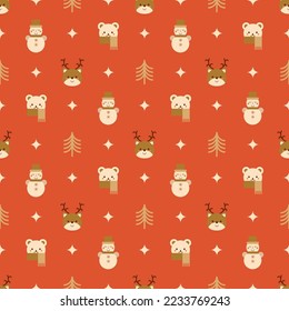 Red Christmas seamless pattern decorative deer, snowman, polar bear, Christmas tree, star. Cute kids winter holiday repeat background, wallpaper, print, fabric, surface. New Yer vector illustration