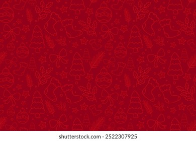 Red Christmas seamless pattern with doodles. Christmas icon texture with decorations, tree, santa socks, bauble, holly branch, bow, fir tree