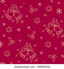 Red Christmas seamless pattern with golden bells, holly and stars. Vector illustration.  Festive and bright Christmas background for packing, wrapping paper, card, wall art