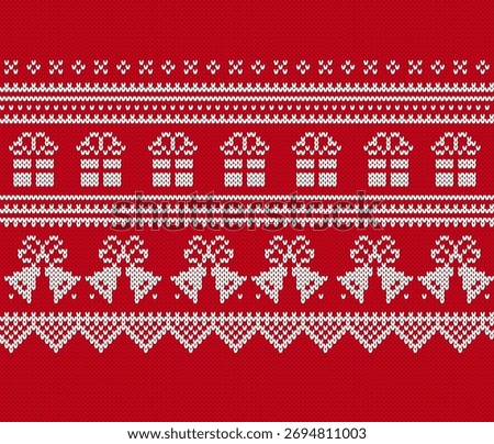Red Christmas seamless pattern. Knit print with houses and Christmas bells. Knitted sweater background with hut, snowflakes. Xmas geometric texture. Holiday fair isle ornament. Vector illustration