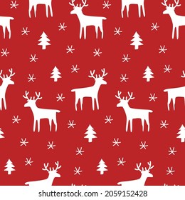 Red Christmas seamless pattern with reindeer and snowflakes