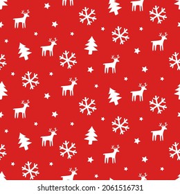 Red Christmas seamless pattern with reindeer and snowflakes.