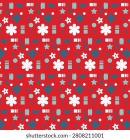 Red Christmas Seamless Pattern with Snowflakes and Gift Boxes