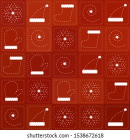 Red Christmas seamless pattern with white snowflakes, spirals, mittens, christmas socks. Looks like patchwork with embroidery. Good for paper napkins, decorative paper, tablecloth.