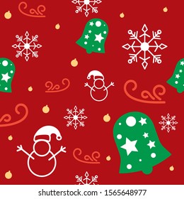 Red christmas seamless texture with pattern decorated with christmas bell, snow man, cold wind, christmas ball and snowflakes for winter and holiday season. Naif and friendly design.