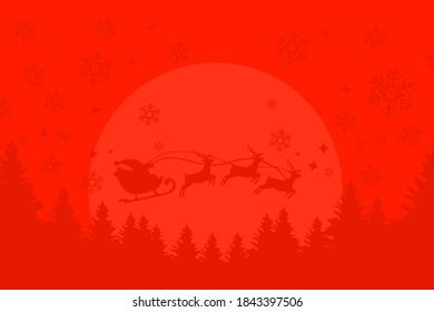 Red Christmas silhouette background with Christmas tree , Santa and snowflakes