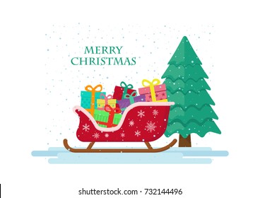 Red Christmas Sled With Gifts And Pine On White Background