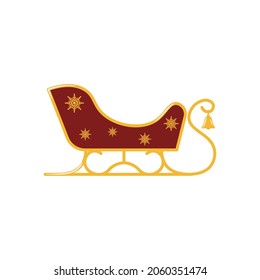 Red Christmas sleigh with bell and gilding. Color vector illustration flat style. White isolated background.