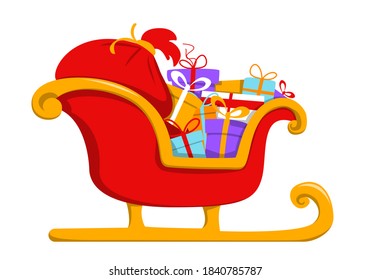 Red christmas sleigh full of holiday presents vector isolated. Illustration of the sledge with colorful boxes and red Santa Claus gift bag. Idea of winter holiday celebration.