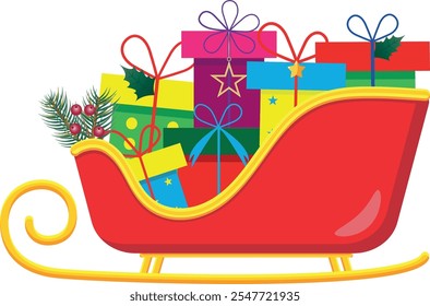 Red christmas sleigh with presents and gift boxes