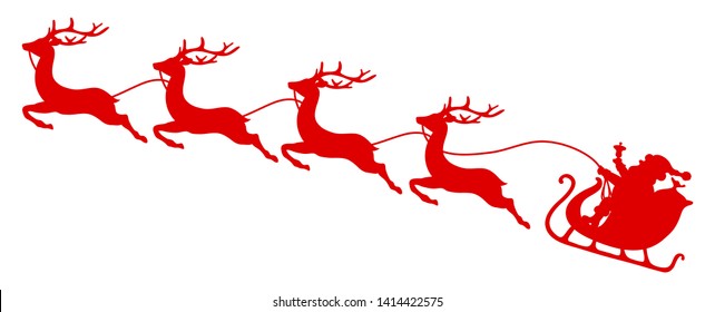 Red Christmas Sleigh Santa And Four Flying Reindeers