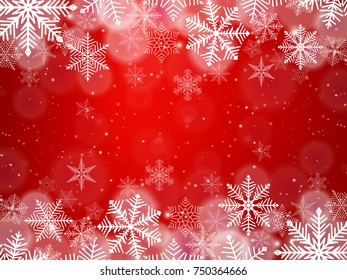 Red Christmas snowflakes background border with light effect. Vector illustration