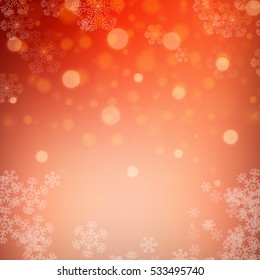 Red christmas snowflakes background with lights. Abstract vector illustration. Decorative background for holiday greeting card