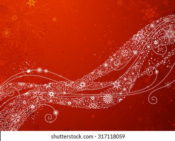 Red Christmas Snowflakes Background. Ornate waves of vintage snowflakes on red background. There is copy space for your text. 